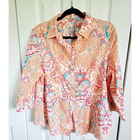 Chico's 2 Wrinkle Resistant Button Up Blouse Large Peach Aqua 1/2 Slv NEW - Picture 1 of 7